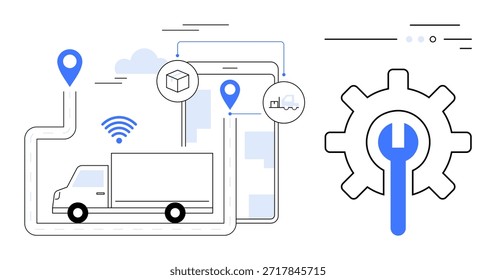 Logistics, fleet management, delivery tracking, transportation planning, vehicle maintenance, tech solutions. Truck, map pins gear icon and wireless signal. Logistics and delivery tracking concept