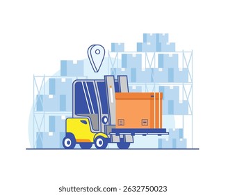 Logistics, Forklift truck carrying a box. Vector illustration