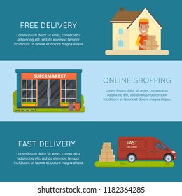Logistics and free delivery service concept: motorbike, smiling couriers with packages, scooter, building, truck and city background. Postal horizontal banner design.  Vector flat illustration