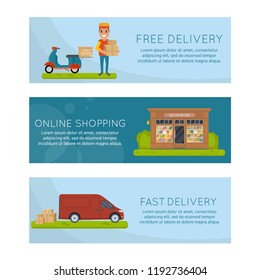 Logistics and free delivery service concept: motorbike, smiling couriers with packages, scooter, building, truck and city background. Postal horizontal banner design.  Vector flat illustration