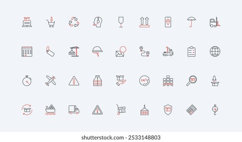 Logística, gestión de entrega de carga, conjunto de iconos de línea de almacén. Envío global por barco y camión, transporte aéreo, carretilla elevadora y carga frágil delgada Ilustración vectorial de contorno negro y rojo