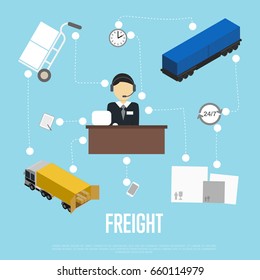 Logistics and freight shipment flowchart isometric vector illustration. Services operator coordinating cargo transportation. Warehouse logistics manager, freight train and commercial truck