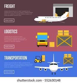 Logistics and freight transportation banner set vector illustration. Forklift truck loading cargo jet airplane and cargo truck in airport. Delivery transportation, freight shipment, air logistics