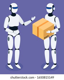Logistics of future, robots assisting in shipment and delivery services. Robotic courier with parcel for customer of shop. Innovative technologies, transportation of orders. Vector in isometric style