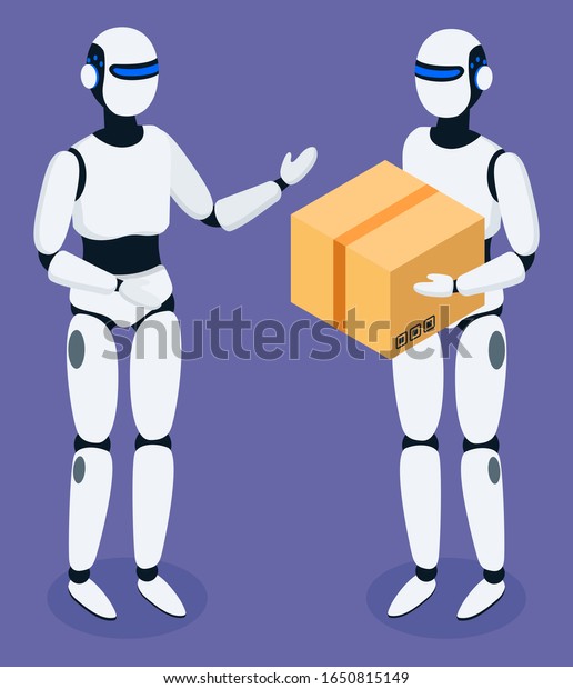 Logistics of future, robots assisting in shipment\
and delivery services. Robotic courier with parcel for customer of\
shop. Innovative technologies, transportation of orders. Vector in\
isometric style