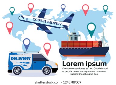 Logistics geo tag set of different delivery air cargo trucking maritime shipping minivan transportation location distribution vehicles international transportation concept flat horizontal copy space