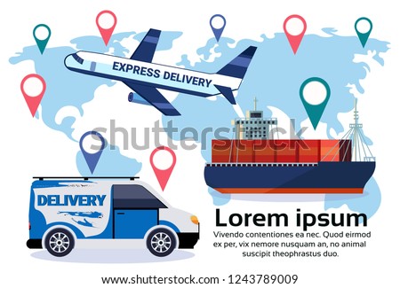 Logistics geo tag set of different delivery air cargo trucking maritime shipping minivan transportation location distribution vehicles international transportation concept flat horizontal copy space