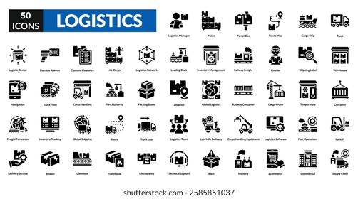 logistics glyph icon set collection. truck, warehouse, container, forklift, supply chain, logistics manager, pallet, Parcel Box, route map, cargo ship