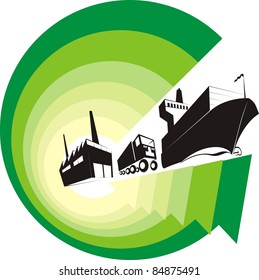 "Logistics Going Green" color vector illustration - Green arrows symbolizing the environment-friendly logistics world