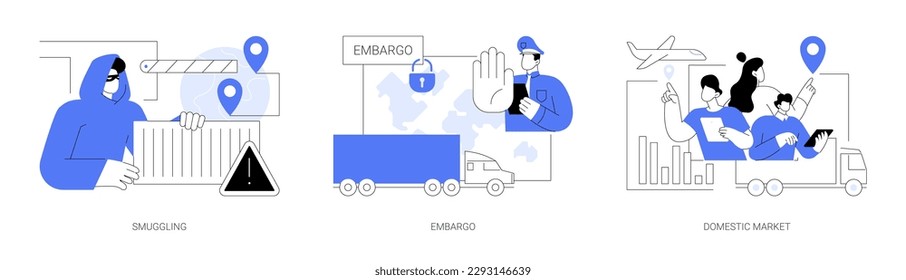 Logistics goods distribution abstract concept vector illustration set. Smuggling and gray import, embargo of import and export, domestic market, worldwide transportation abstract metaphor.