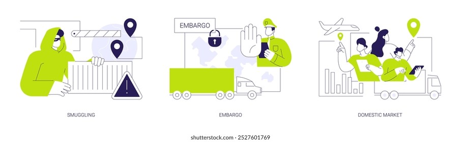 Conjunto de Ilustración vectorial de concepto abstracto de distribución de bienes logísticos. Contrabando e importación gris, embargo de importación y exportación, mercado interno, transporte mundial, metáfora abstracta.