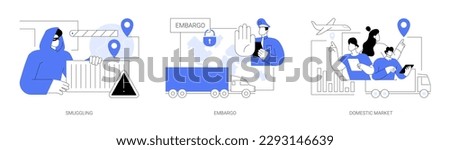 Logistics goods distribution abstract concept vector illustration set. Smuggling and gray import, embargo of import and export, domestic market, worldwide transportation abstract metaphor.