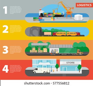 Logistics gradual vector concept of goods delivery to store. Unloading of ship, transportation by train, loading truck in warehouse and receiving by store parcels numbered horizontal picture steps