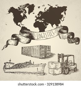 Logistics hand drawn isolated elements.