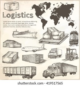 Logistics hand drawn isolated elements.