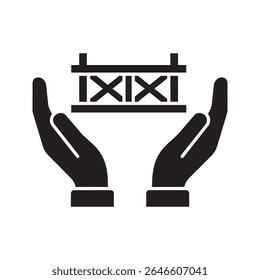 Logistics and handling icon with hands carefully holding a shipping container symbolizing cargo transport delivery service and supply chain management vector solid glyph icon