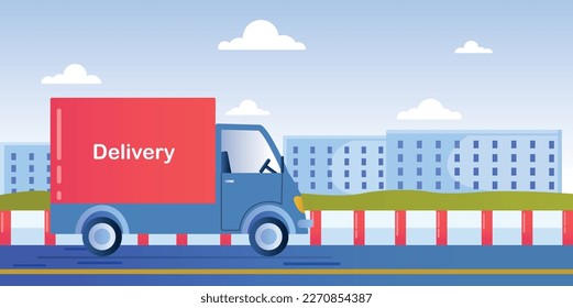 Logistics and home delivery concept. Red truck with goods drives through city. Online shopping and parcel transportation. Business and trade, import and export. Cartoon flat vector illustration