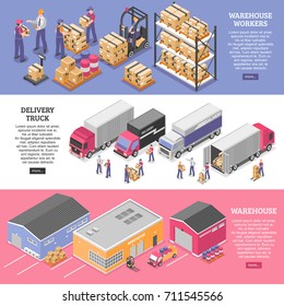 Logistics horizontal banners set with delivery symbols isometric isolated vector illustration 