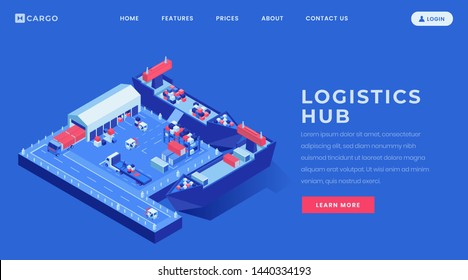 Logistics hub landing page vector template. Sea freight industry website homepage interface idea with isometric illustrations. Maritime shipping service web banner, webpage cartoon concept
