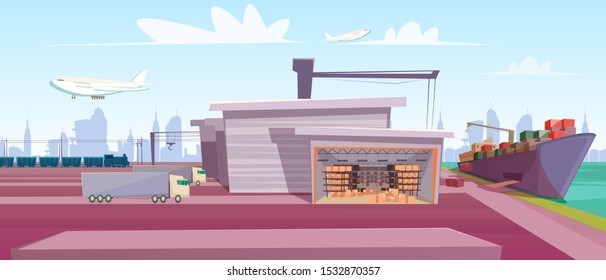Logistics hub, seaport flat vector illustration. Shipment distribution transport, freight ship unloading at port. Transportation industry, shipping business. Containers, goods import and export
