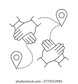 Logistics and humanitarian aid concept vector icon. Illustration of hands shaking or helping with location map pins and route lines. Represents global cooperation, refugee support, and international transportation. Clean design for charity, supply chain, and social service organizations.Editable stroke, Vector illustration, Line art Icon, Symbols.