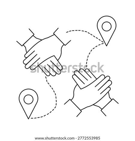 Logistics and humanitarian aid concept vector icon. Illustration of hands shaking or helping with location map pins and route lines. Represents global cooperation, refugee support, and international transportation. Clean design for charity, supply chain, and social service organizations.Editable stroke, Vector illustration, Line art Icon, Symbols.