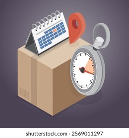 Logistics icon with box, calendar and stopwatch. Vector flat isometric Illustration.