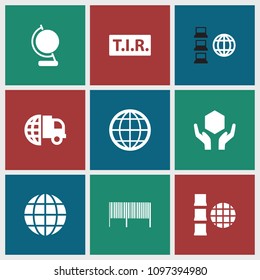 Logistics icon. collection of 9 logistics filled icons such as international delivery, handle with care, tir, internet, globe. editable logistics icons for web and mobile.