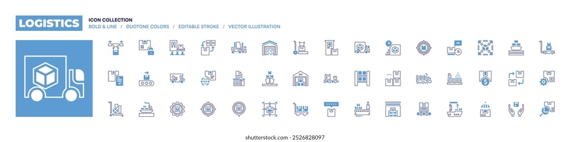 Logistics icon collection. Bold line style. Duotone colors. Editable stroke. warehouse, trolley, location, product, shipping, fulfillment, cargo ship, forklift.