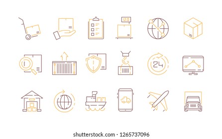 Logistics icon collection. Container survey delivery service export and import transportation vector colored thin symbols