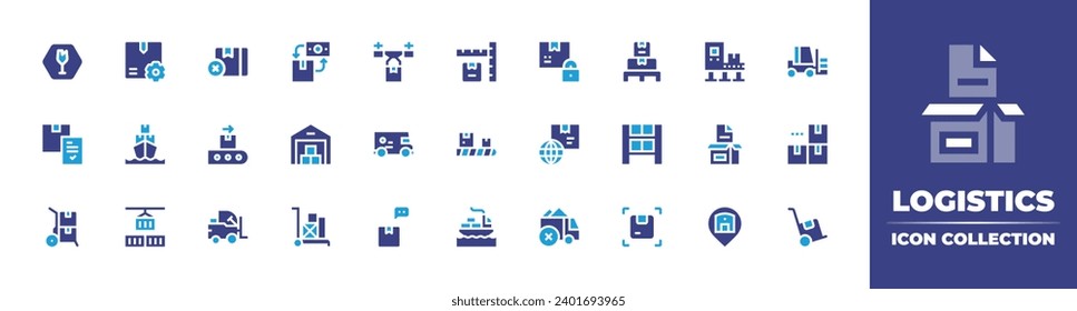 Logistics icon collection. Duotone color. Vector and transparent illustration. Containing box, conveyor, delivery truck, globe, delivery box, forklift, package, overload, shelf, inventory, fulfillment