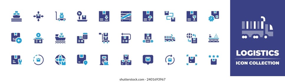 Logistics icon collection. Duotone color. Vector and transparent illustration. Containing cargo, trolley, box, keep dry, fragile, weight, wooden box, path, time, return box, cargo ship, conveyor belt.