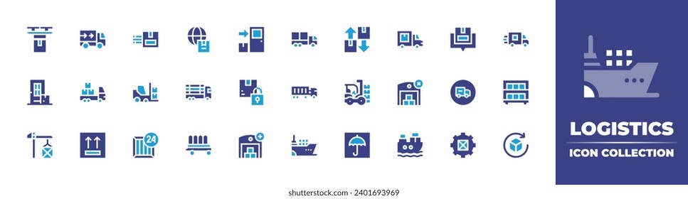 Logistics icon collection. Duotone color. Vector and transparent illustration. Containing drone, fast delivery, door delivery, return box, consultation, truck, delivery, transport, shipment.
