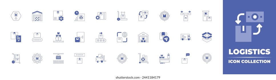 Logistics icon collection. Duotone style line stroke and bold. Vector illustration. Containing box, conveyor, delivery truck, delivery box, forklift, package, warehouse, trolley, express delivery.