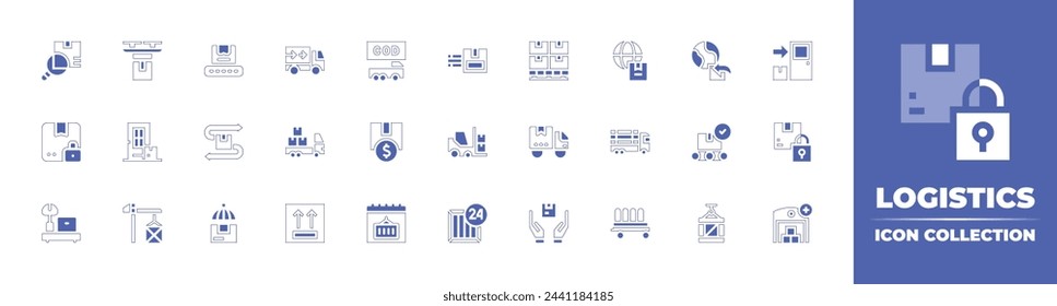 Logistics icon collection. Duotone style line stroke and bold. Vector illustration. Containing package, cash on delivery, import, secure, invest, box, scale, calendar, drone, fast delivery, door.