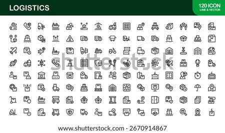 Logistics Icon Collection – Flat Linear Outline Vector Set with Cargo Truck, Delivery, Shipping Box, Warehouse, Parcel, Supply Chain, Clean Modern Pack for Apps, Websites, and Branding