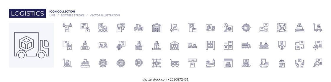 Logistics icon collection. Line style. Editable stroke. package, extendable, invest, renewable, cargo, trolley, management, parcel protection, handling.