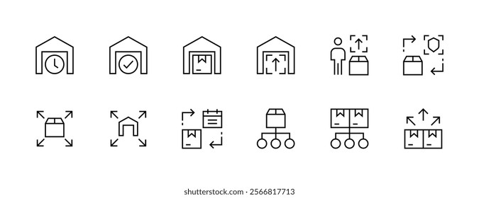 Logistics icon collection. Shipping icon set. Package, warehouse, tracking, supply chain, delivery box, container, movement, terminal and more. Editable stroke. Pixel Perfect. Grid base 32px.