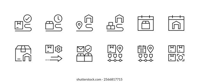 Logistics icon collection. Shipping icon set. Package, warehouse, tracking, supply chain, delivery box, container, movement, terminal and more. Editable stroke. Pixel Perfect. Grid base 32px.