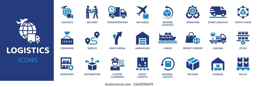 Logistics - Icon Collection. Thin Line Set contains such Icons as Logistics, Delivery, Supply, Freight, Cargo, Shipping, Inventory and more. Simple web icons set.