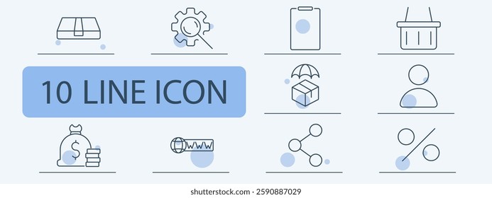 Logistics icon. Parcel shipment, system optimization, clipboard management, shopping basket, delivery security, financial savings, web domain, social connectivity, discount policy, economic planning.