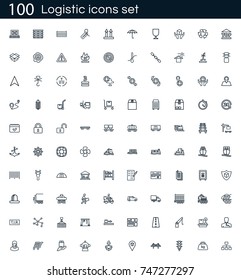 Logistics icon set with 100 vector pictograms. Simple outline shipping icons isolated on a white background. Good for apps and web sites. 