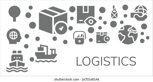 conjunto de iconos de logística. 11 íconos logísticos llenos. Paquete Incluido, Global, Postman, buque de carga, Tierra, íconos del mundo
