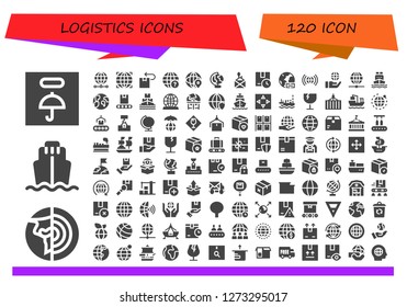  logistics icon set. 120 filled logistics icons. Simple modern icons about  - Fragile, Planet earth, Cargo ship, World, Globe, Package, Earth globe, Worldwide, Earth, Conveyor