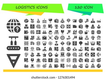  logistics icon set. 120 filled logistics icons. Simple modern icons about  - Earth globe, Earth, Conveyor, Package, World, Container, Fragile, Delivery man, Ship, Shipping, Globe