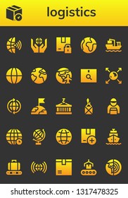 logistics icon set. 26 filled logistics icons.  Collection Of - Global, Package, Worldwide, World, Cargo ship, Earth, Planet earth, Earth globe, Container, Delivery man, Globe