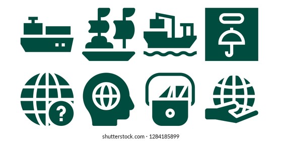  logistics icon set. 8 filled logistics icons. Simple modern icons about  - Earth globe, Cargo ship, Global, Ship, Postman, Worldwide, Fragile