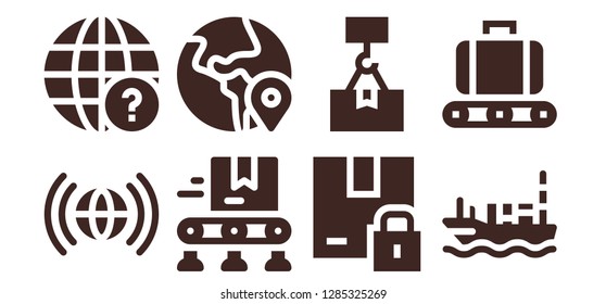  logistics icon set. 8 filled logistics icons. Simple modern icons about  - Worldwide, Earth globe, Conveyor, Globe, Package, Ship