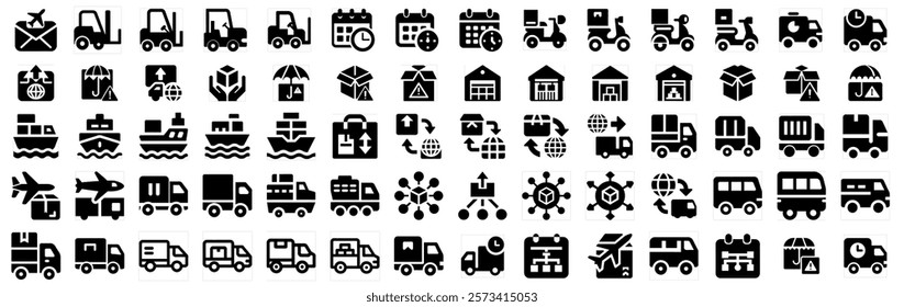 Logistics icon set. Black filled Solid icon collection. Vector illustration.