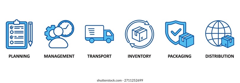 Conjunto de iconos de logística En Blue Style Ilustración vectorial para planificación, gestión, transporte, inventario, embalaje y distribución